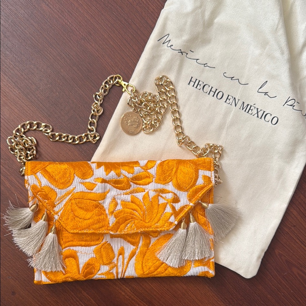 Embroidered Orange Clutch with Gold Chain